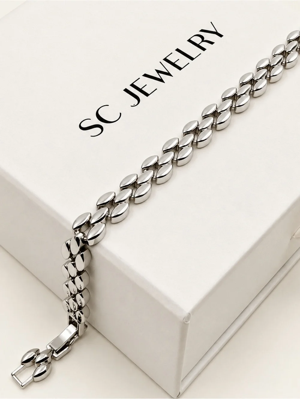 Platinum Plated Laurel Leaf Bracelet Rhodium Coated Botanical Link Jewelry